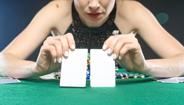 Close up of a poker player’s hands holding white blank cards at a casino table, cinematic shot capturing suspense, strategy, high stakes gambling, and intense focus on the card game action