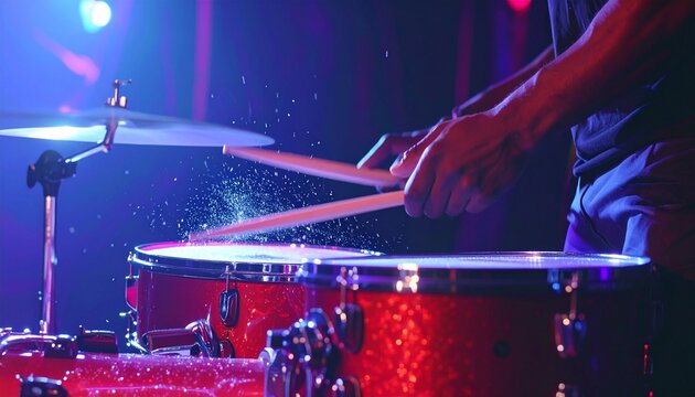Close up of a drummer’s hands dramatically playing drums in a live concert, with splashes and particles flying around, cinematic shot with dynamic lighting capturing energy, motion and musical intense