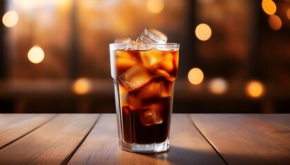 a clear glass filled with iced black coffee sits on a wooden surface with a blurred light background