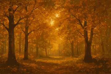 Fototapeta premium Autumn Forest Glow. Rustic horizontal banner of peaceful forest grove with rich textured foliage and light filtering through