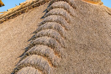 Overhead view of a thatched roof Central European house, constructed from light and dark brown straw in wave-like layers, under soft dawndusk lighting with earthy tones No signs of modernity or inh