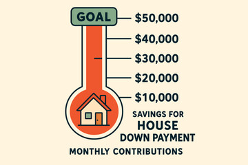 Savings Goal Thermometer. Vector art of visual goal thermometer tracking savings for house down payment with monthly contributions