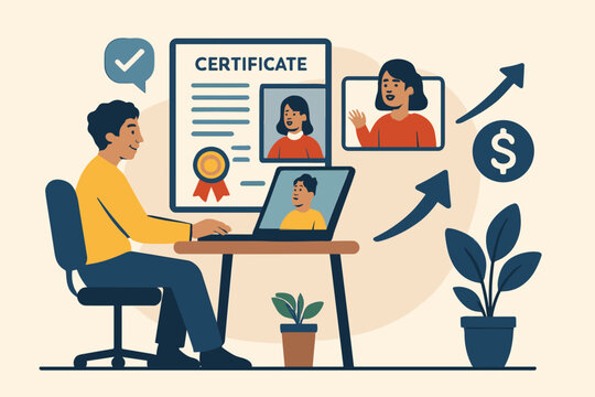 Freelancer Online Certification. Vector scene of freelancer taking online certification to expand service offerings and increase