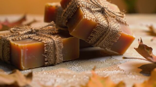 Autumnal soap stack wrapped with burlap