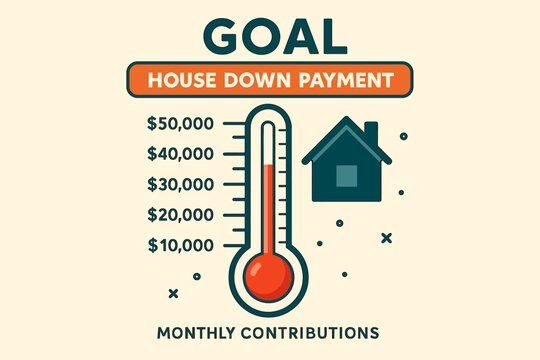Savings Goal Thermometer. Vector art of visual goal thermometer tracking savings for house down payment with monthly contributions