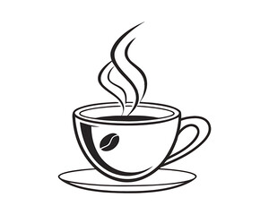 Obraz premium Black and white illustration of a coffee cup with steam isolated on transparent background, perfect for cafe menus and coffee shop branding