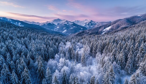 Aerial view of a snow-covered mountain forest at dawn.  A vibrant sunrise paints the sky with soft pinks and purples, casting a warm glow over the majestic peaks and valleys. 
