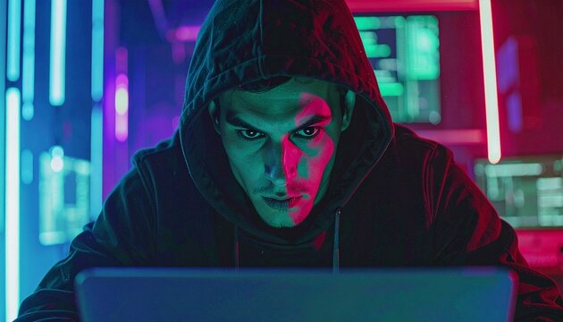 Close up of a young hacker showing anger and frustration after an unsuccessful hack attempt, staring at the computer, cinematic shot with dramatic lighting capturing intense emotion and tech tension