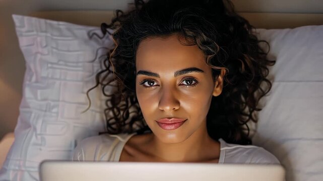 Nighttime Gaze: A captivating scene of a woman bathed in soft, ambient light, her face illuminated by the glow of a laptop screen in her bed.