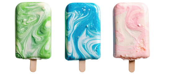 Three colorful swirl ice pops on sticks