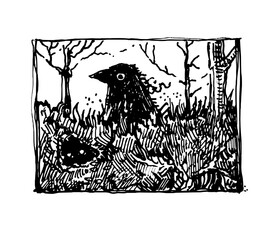 Black and white ink illustration of a crow standing in wild grass with bare trees in the background. Hand-drawn sketch with dark, moody forest atmosphere.