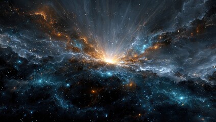 Cosmic burst erupting from a nebula of swirling, ethereal clouds.  Radiant light rays explode outward from a central point.
