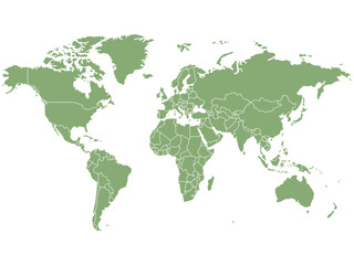 World map, green silhouette with country division. Isolated vector illustration on white background.