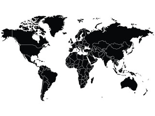 World map, isolated contour map with countries division. Black continents on white background. Vector illustration.