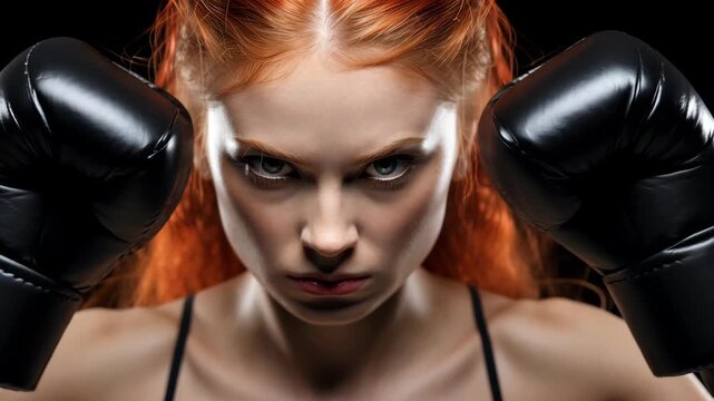 Focused Fury: A striking portrait of a fierce female boxer, her intense gaze locked onto the viewer as she prepares for battle, emphasizing strength, determination, and empowerment. 