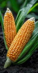 Two golden corn cobs emerge from rich soil, surrounded by vibrant green leaves