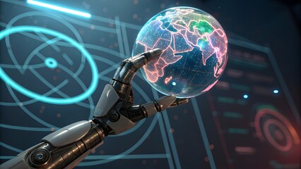 Robotic hand holding glowing digital Earth with data streams