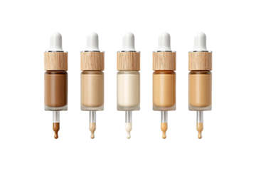 Five dropper bottles of foundation in varying shades.  Natural wood-toned droppers