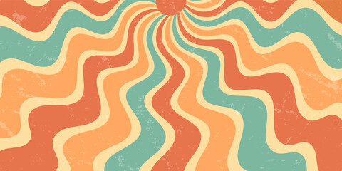 Retro groovy sun shines with bold orange and yellow burst in a wavy grungy style. This sunshine background has a strong y2k influence with unique horizontal grunge effect for modern creative uses.