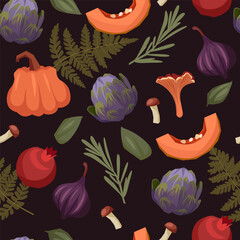 Seamless autumn pattern. Dark background. Vector illustration