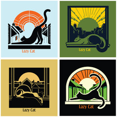 A cat illustration stretches lazily on a windowsill art design