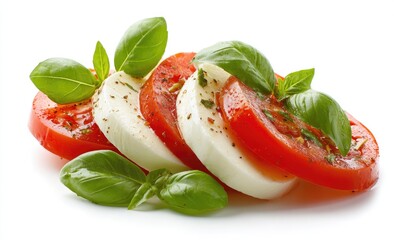 Fresh mozzarella and tomato slices layered, garnished with basil