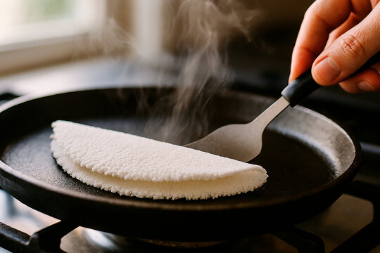 Tapioca brasileira sendo preparada em frigideira quente