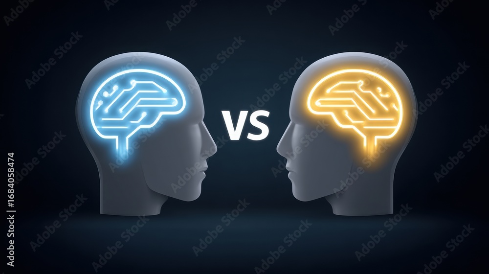 Poster two stylized heads with glowing neural patterns represent the contrast between technology and human 