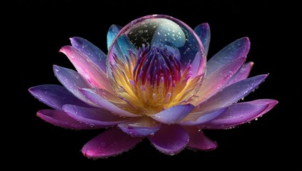 Multicolored lotus flower with a crystal sphere