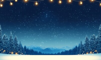 Winter wonderland scene with snow-covered fir trees, mountains, and glowing string lights, creating a festive christmas atmosphere