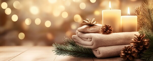Soft towels, burning candles, pine cones and bokeh lights creating a relaxing atmosphere for christmas spa treatment