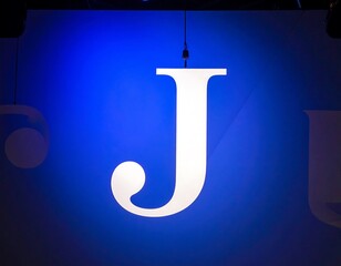 Large white letter J on blue backdrop