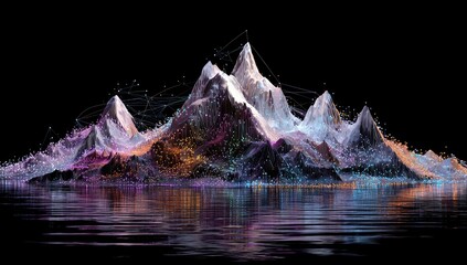 Abstract digital mountain range reflecting on a still body of water.  Colorful, interconnected particles form the mountains' structure, with a network of lines connecting them. 
