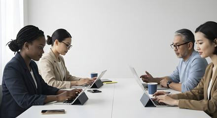 Intercultural cooperation meeting: diverse business team with positive mood collaborating on global project in modern conference room. The background flat white. Copy space for text, editorial content