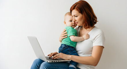 Busy mother with patient mood mother multitasking with toddler at home. The background flat white. Copy space for text, editorial content