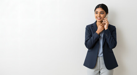 Focused young candidate with serious mood talking on phone before interview. The background flat white. Copy space for text, editorial content