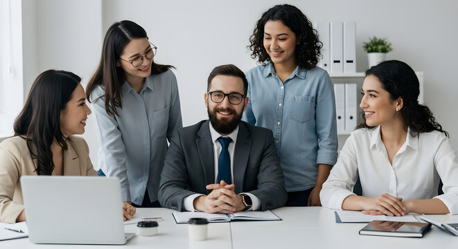 Friendly team with welcoming mood introducing new colleague in modern office. The background flat white. Copy space for text, editorial content