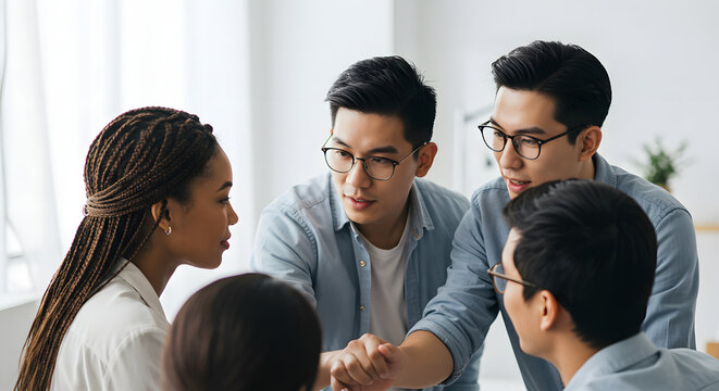 United diverse team with energetic mood huddling for cooperation in modern office. The background flat white. Copy space for text, editorial content - Powered by Adobe