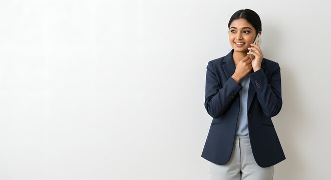 Focused young candidate with serious mood talking on phone before interview. The background flat white. Copy space for text, editorial content