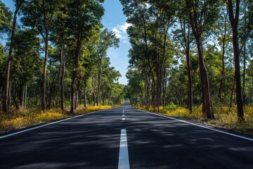 Fototapeta premium Straight asphalt road through a lush forest. Sunlight filters through the trees