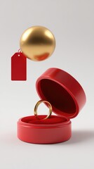Gold ring in red gift box, sale tag