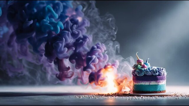 The image is a close-up of a birthday cake with a unicorn on top. The cake is decorated with blue and purple frosting and has a rainbow-colored swirl pattern on the sides.