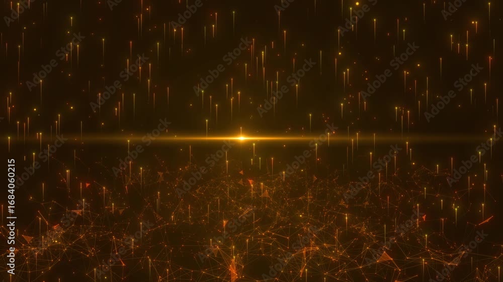 Poster abstract digital network with glowing golden particles and central light beam, a warm and inviting d