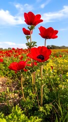 Obraz premium Vibrant red anemones in a field