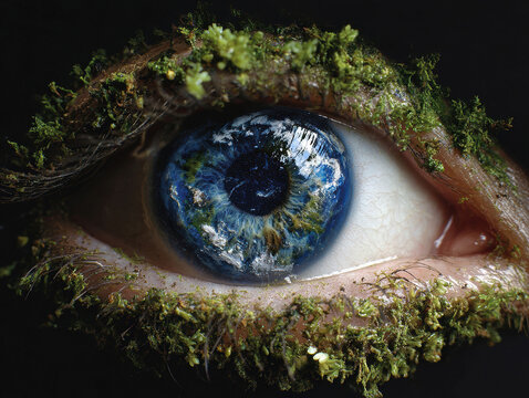 Close-up portrait of an eye with detailed texture, striking blue iris and darker center, visible veins, moss or lichen patches on skin, soft lighting from multiple directions - AI-Generated