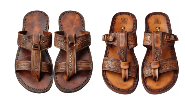 Stylish Brown Leather Sandals with Textured Straps  isolated on a white background