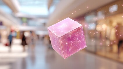 Pink cube, network, floating in mall
