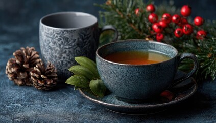 Two teacups, one gray, one blue, sit on a dark blue surface, adorned with Christmas sprigs and berries. A warm beverage sits in the blue cup