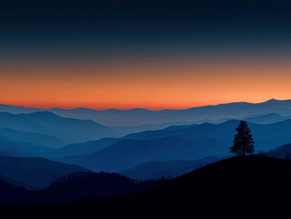Sunset landscape with mountain range, lone tree, vibrant sky gradient orange, pink, blue, green and brown hills, long shadows, silhouette, elevated perspective - AI-Generated