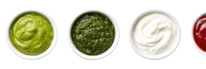 Small white bowls of various condiments